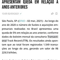 Fuses e aquisies empresariais apresentam queda em relao a anos anteriores